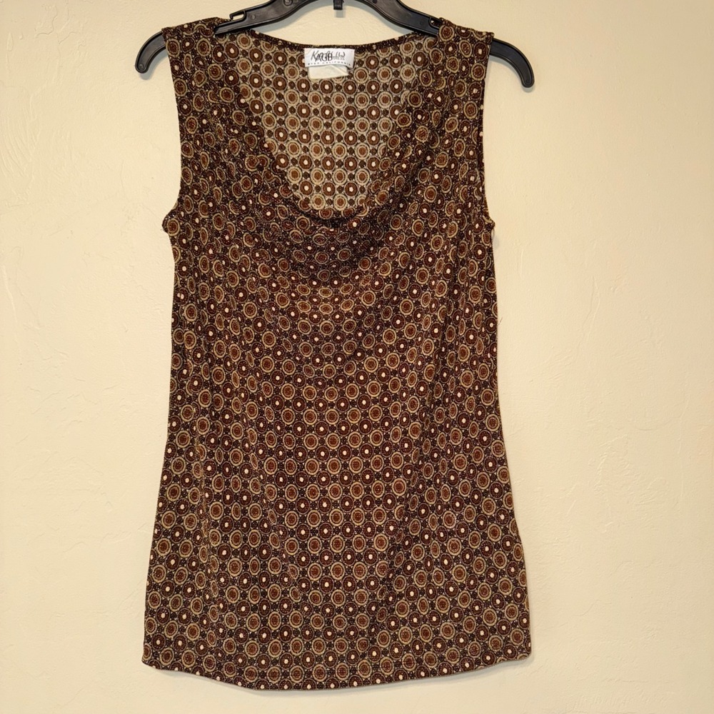 KAGB Byer California Brown Geometric Circle Cowl Neck Sleeveless Top